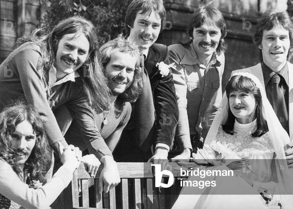 North East band Arbre: Front left to right, Bill Bissett, Paul Caffrey. Centre, Phil Caffrey, Tony Davison. Back, Pete Caffrey and Roger Askew, 1970