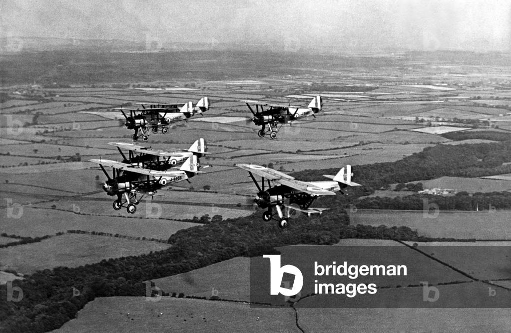 Two flights of Armstrong Whitworth Siskin fighter aircraft, part of the squadron sent to thrill the crowds at Cramlington. 05/10/1929 (b/w photo)