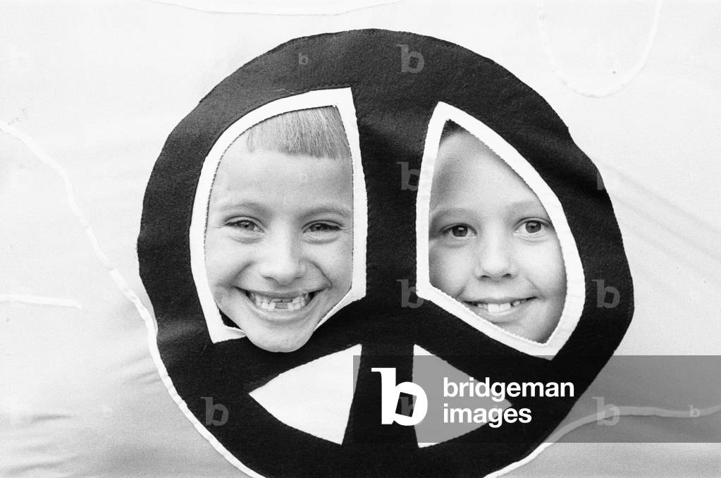 Two young CND peace marchers pose for the camera before starting off from Hearsall Common, 26th May 1984 (b/w photo)