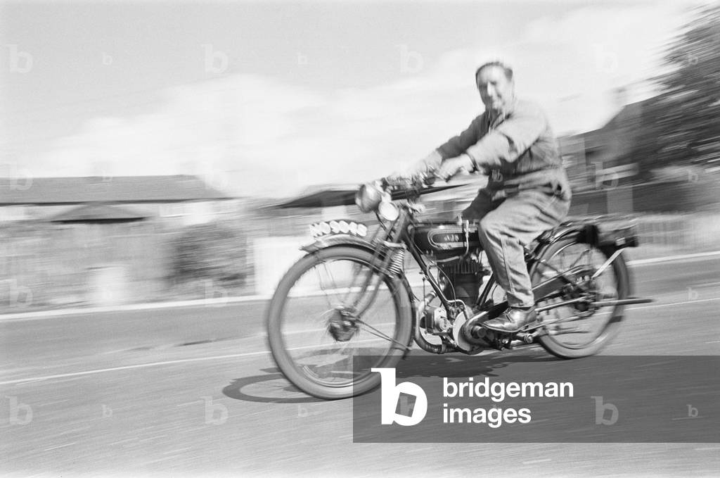 A vintage motorbike enthusiast out for a Sunday ride on his 1928 AJS Motorcycle at Basingstoke. September 1970 (b/w photo)