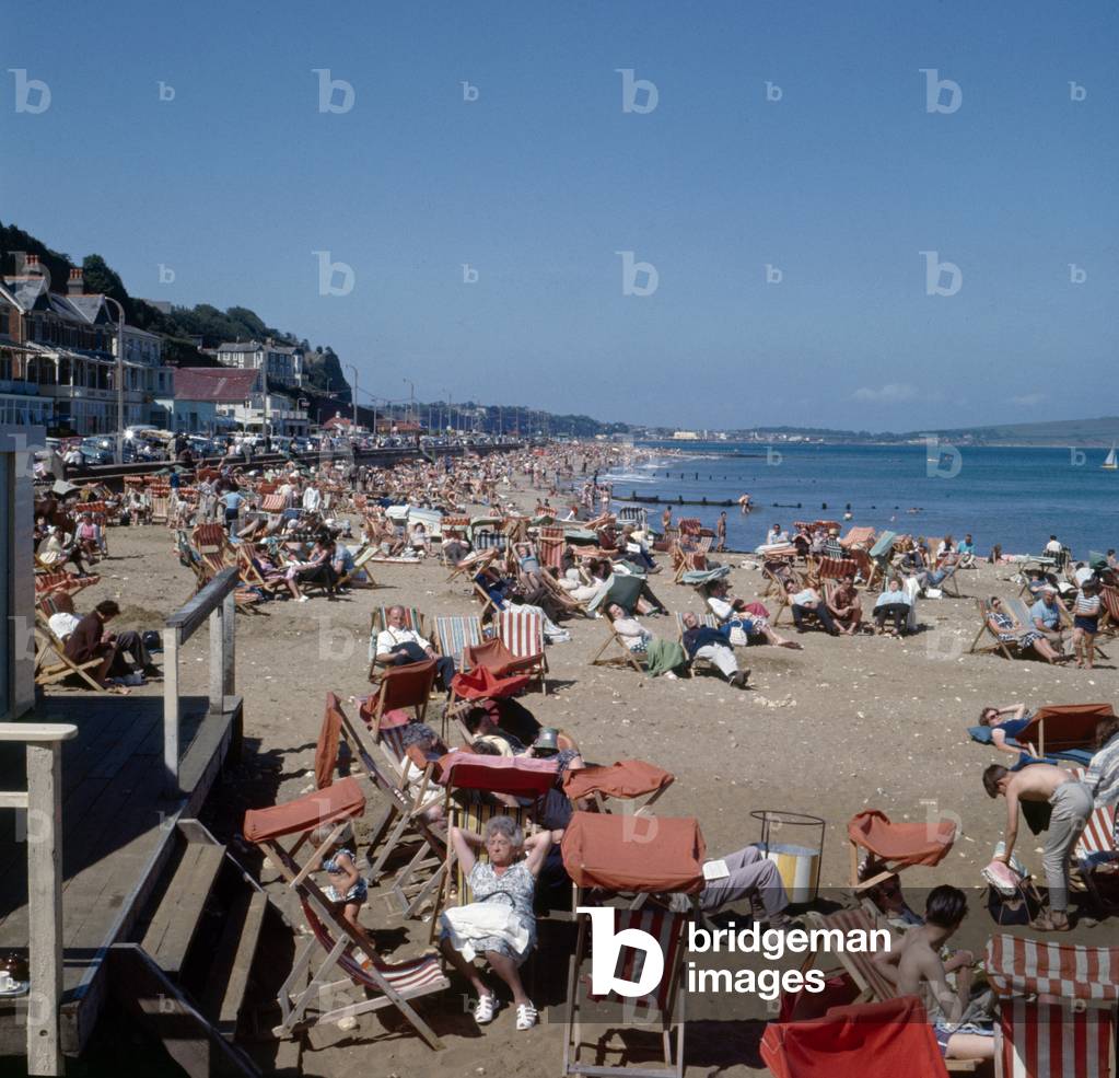 Busy scenes on the beach in the town of Shanklin on the Isle of Wight, June 1965.