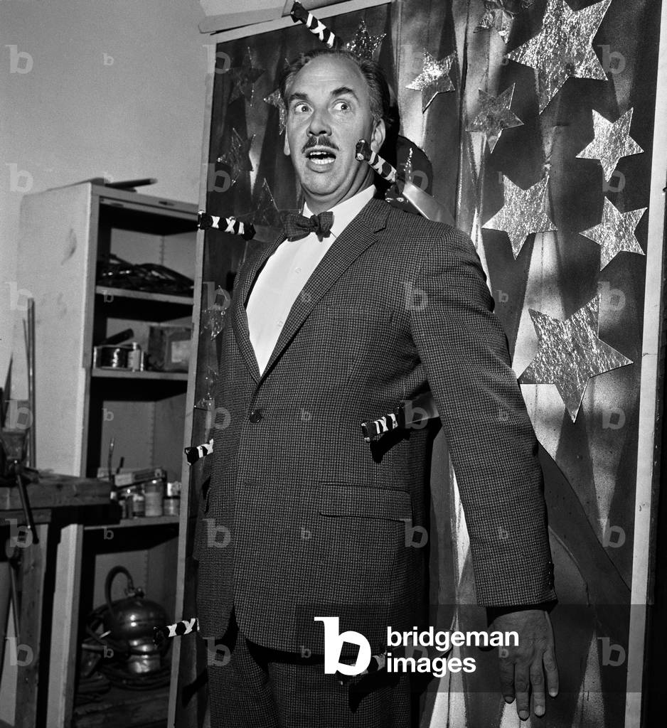 Bernard Wilkie, Senior Designer at the Special Effects Department at BBC television Centre, tries out one of his department's special effects made for a knife throwing routine.
16th May 1968.
