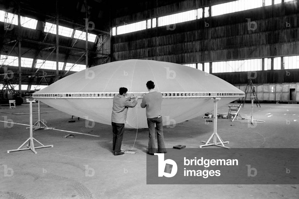 A flying saucer was seen at Cardington formerly the Royal Airship Works, Beds., April 1975 (b/w photo)