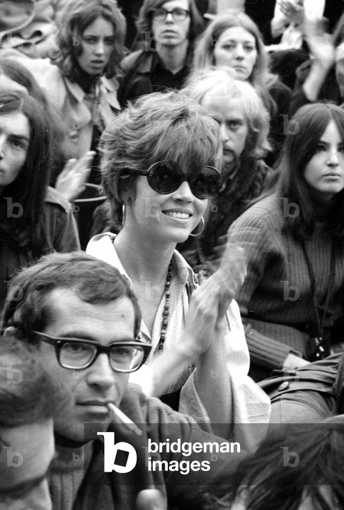 Jane Fonda and Roger Vadim applauding The Who at The Isle of Wight Festival, 30th August 1969 (b/w photo)