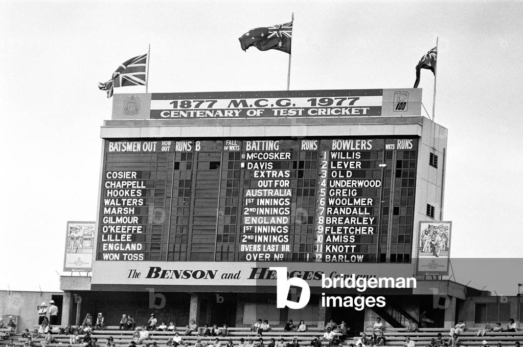 Centenary Test match between Australia and England at The MCG Cricket Ground, Melbourne, Australia.
Scoreboard before the game.
12th March 1977.