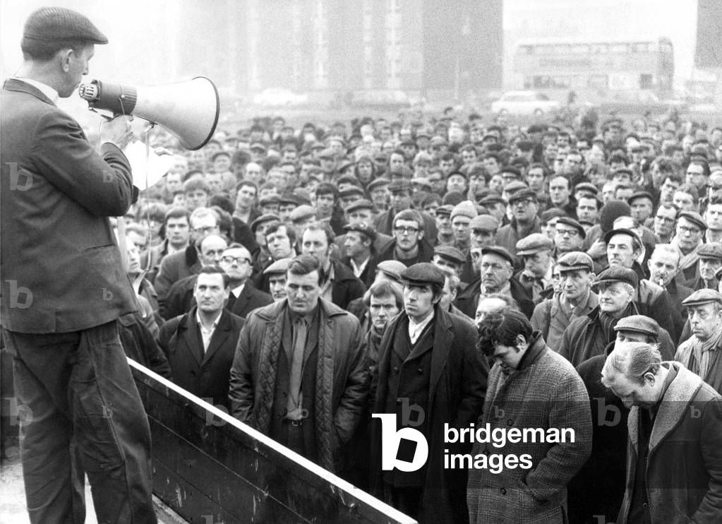 Tyneside shipyard workers at a mass meeting they held in protest at the Government's Industrial Relations Bill in January 1971