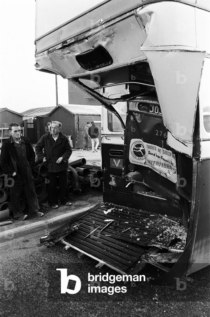 The platform of the number 28 bus which collided with an Inter City Transport lorry on the Chester Road, Castle Vale, trapping the conductress Janet Nicholls. 8th March 1968 (b/w photo)
