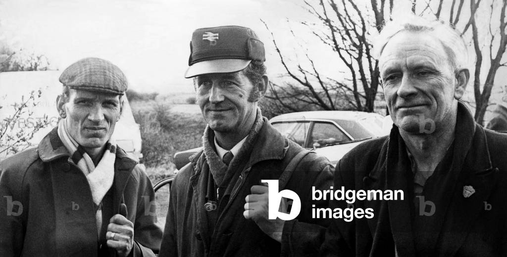 A British Rail train crew, Ernie Innes (second man), Fred Bainbridge (driver) and William Thwaites (guard) on, 28th April 1977 (b/w photo)