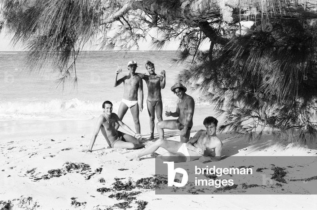 Spandau Ballet, music group, have been in the Bahamas for the last two weeks, recording their next album (True), and taking whatever time allows, to relax and enjoy the local surroundings, Compass Point, Nassau, Bahamas, October 1982 (b/w photo)