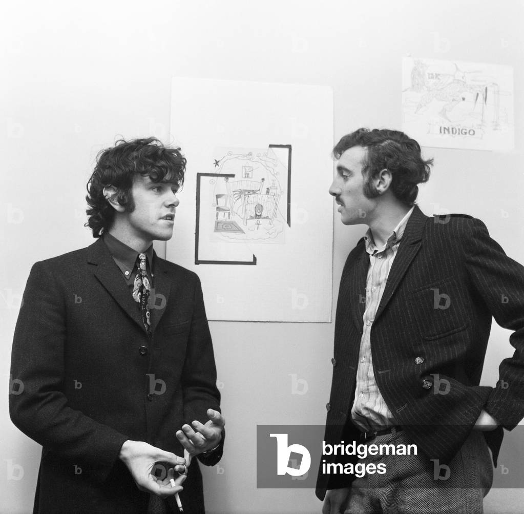 Donovan and his friend Gypsy Dave at Television House ahead of the screening of 'A Boy Called Donovan.' 11th January 1966 (b/w photo)