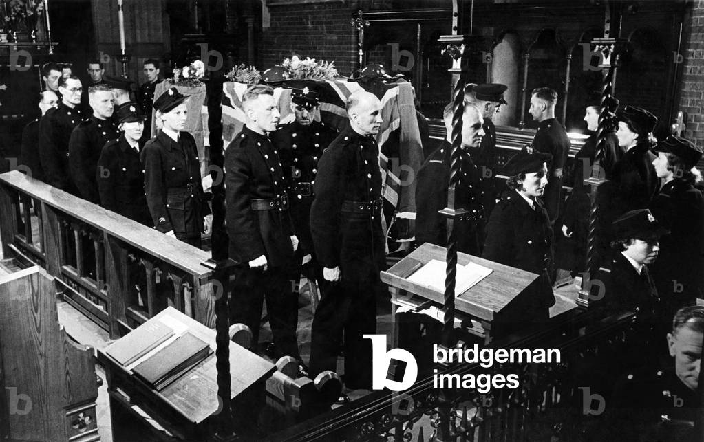 The new NFS march was played in church for the first time on Wednesday when members of the Fire Service and representatives of all branches of the Civil Defence assembled to honour the memory of two firemen who died in the service of their King and country. The firemen, Edward Arthur Rosebridge and George Christain Cert, were killed when their station was partially demolished by a flying bomb. Rosebridge and Cert who had so often stood shoulder to shoulder while fire fighting lay side by side in coffins on top of which rested the axes and helmets that had belonged to them. The organist was Company Officer D.A. Ridley and NFS comrades formed a guard of honour. August 1944