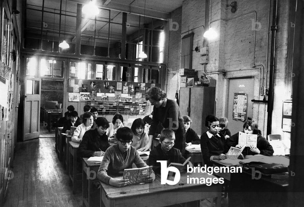 General view of a class room at a Church of England School in Liverpool, April 1968 (b/w photo)