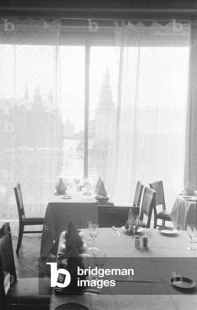 A restaurant table over looking Red Square in Moscow, USSR. April 1960