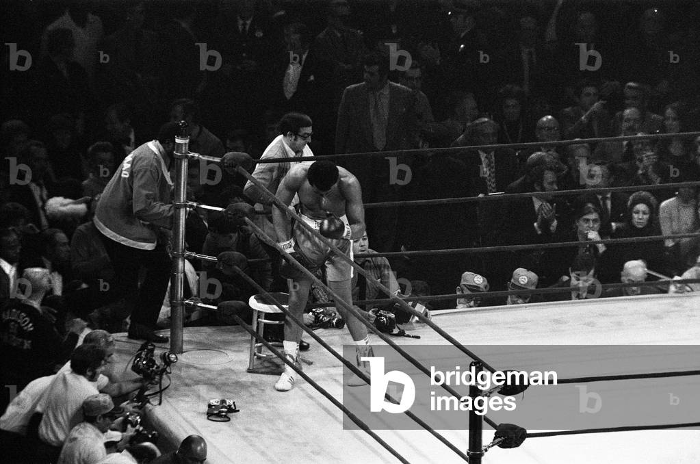 Muhammad Ali and Joe Frazier battle it out for the World Heavyweight Championship in Madison Square Garden, New York City, 8th March 1971 (b/w photo)