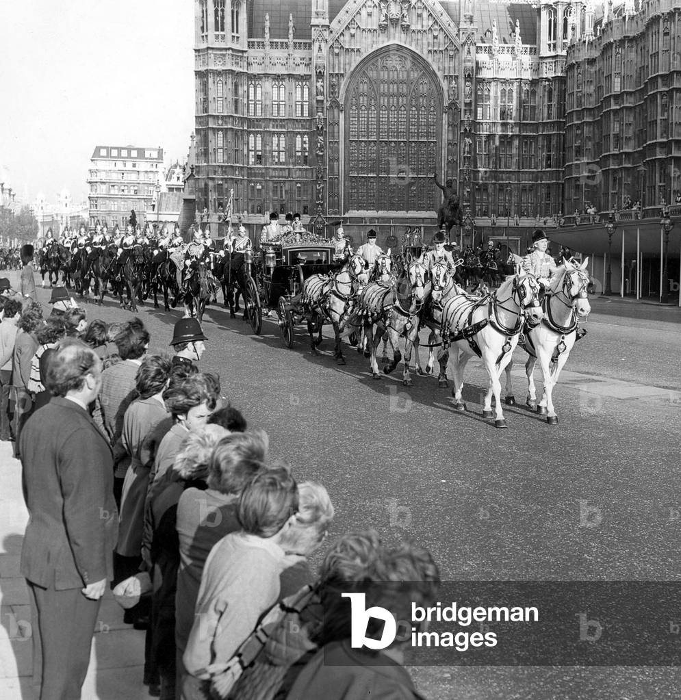 The Queen arrives at the Houses of Parliament in the Irish Coach for the State Opening, 1960
