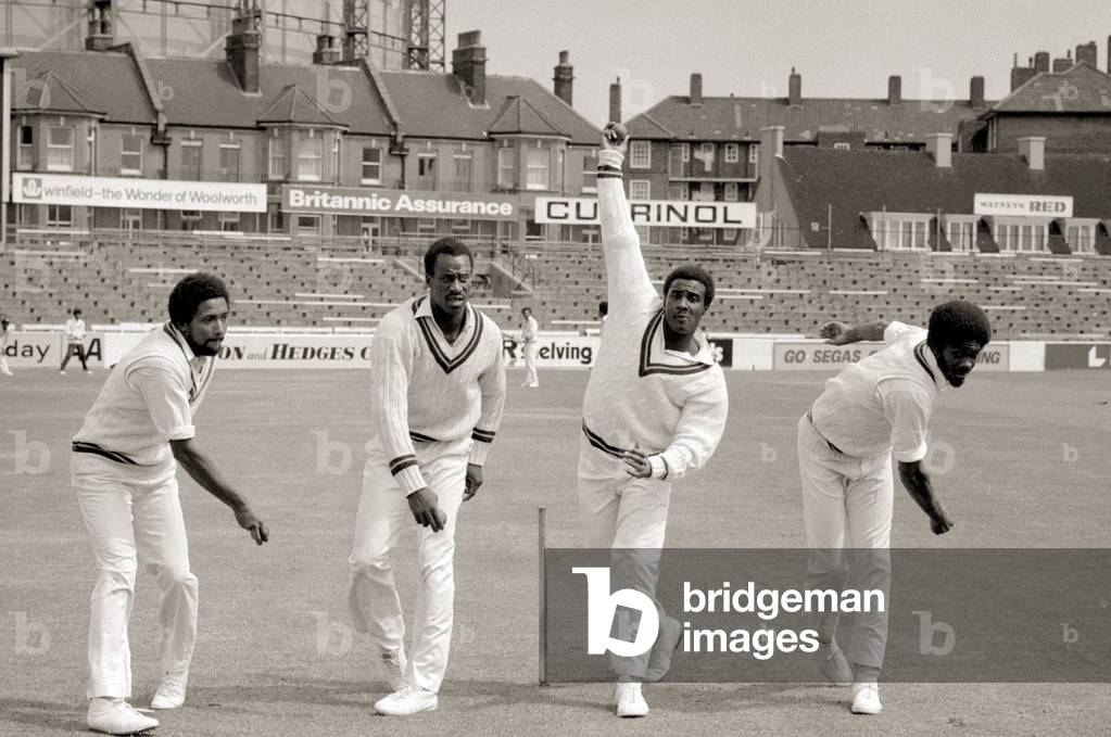 A Batsman's Nightmare at The Oval May 1976 The fearsome four from the West Indies - their famous pace attack FROM LEFT TO RIGHT Andy Roberts - Vanburn Holder - Wayne Daniel and Michael Holding Cricket Players Bowlers 1970s 11/05/1976 (b/w photo)