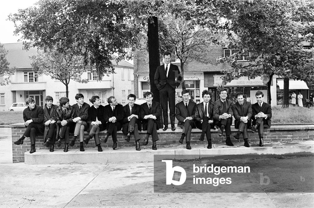 Pop stars from Liverpool, Feature, Manager Brian Epstein, pictured with some of the groups he manages. These include, The Beatles, Gerry & The Pacemakers, Billy J Kramer & The Dakotas, Tuesday 18th June 1963 (b/w photo)