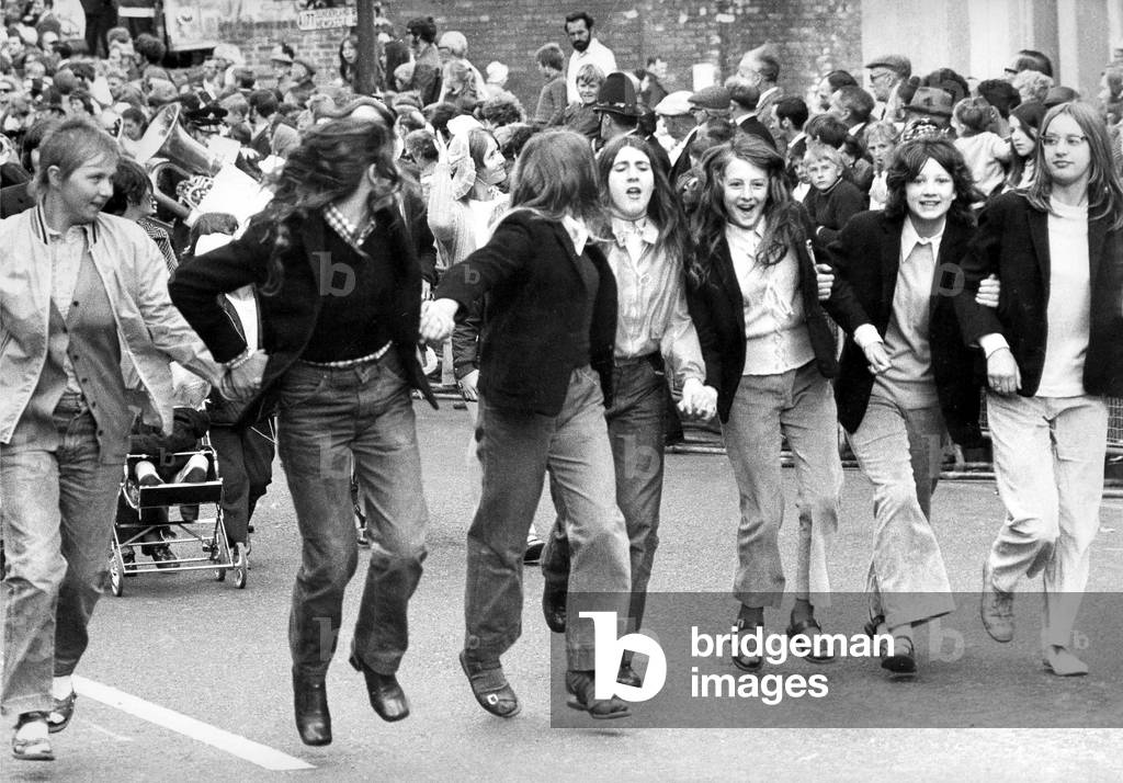Durham Miners Gala, It's all go-go at the gala, Durham miners' 'big meeting' had its usual share of dancing girls lining up with the band of their choice, 1970 (b/w photo)