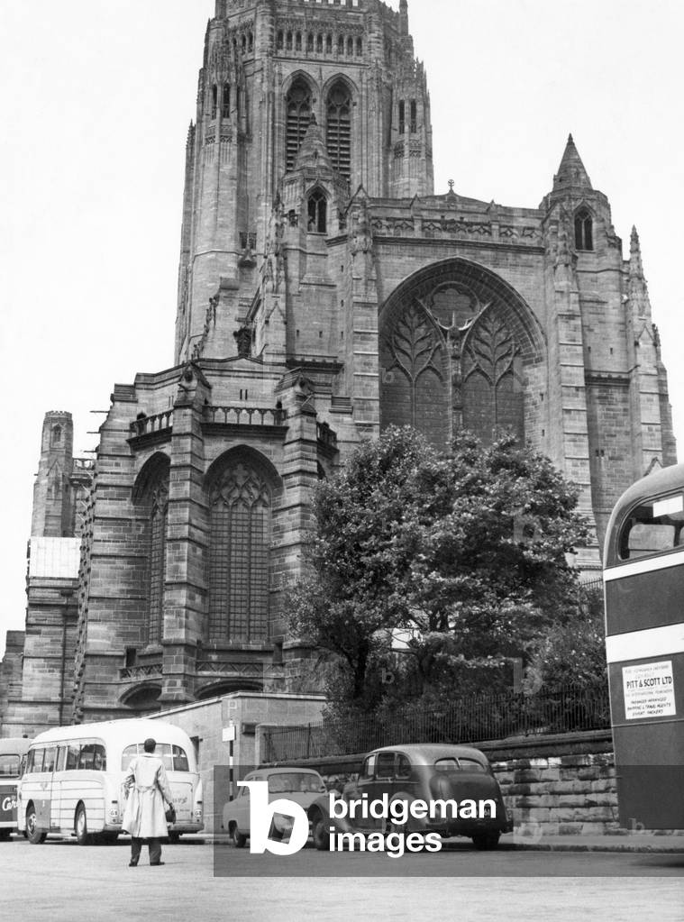 Liverpool Cathedral, the Church of England Cathedral of the Diocese of Liverpool, built on St James's Mount in Liverpool and is the seat of the Bishop of Liverpool, completed in 1978. Pictured from Rodney Street, Merseyside. 25th July 1960 (b/w photo)