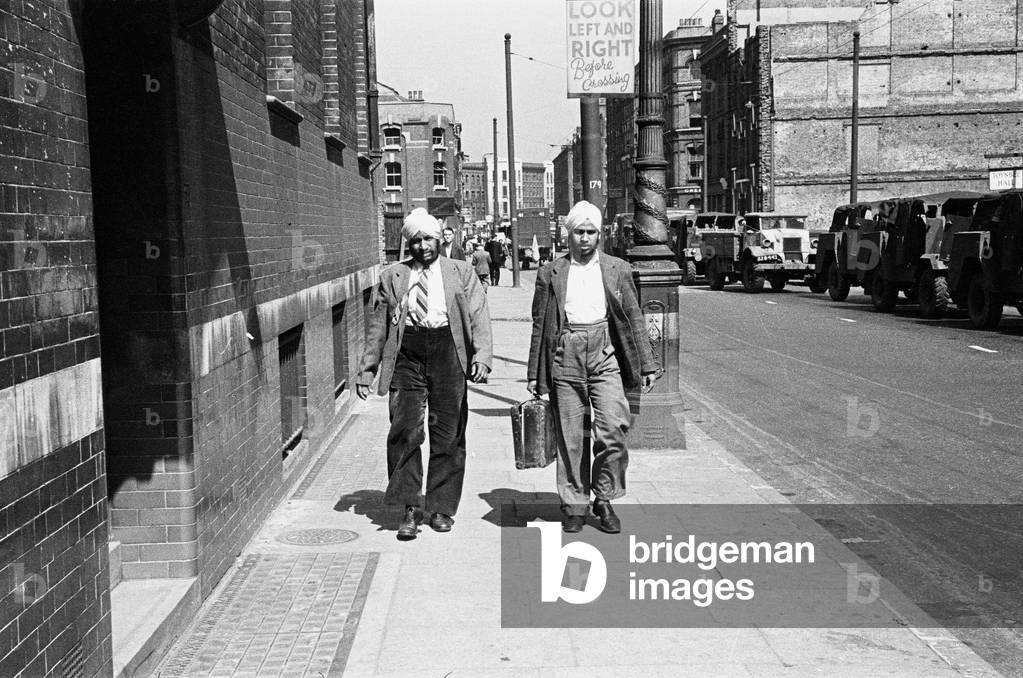 Two Sikh men pictured in Whitechapel, London, c. 1947 (b/w photo)