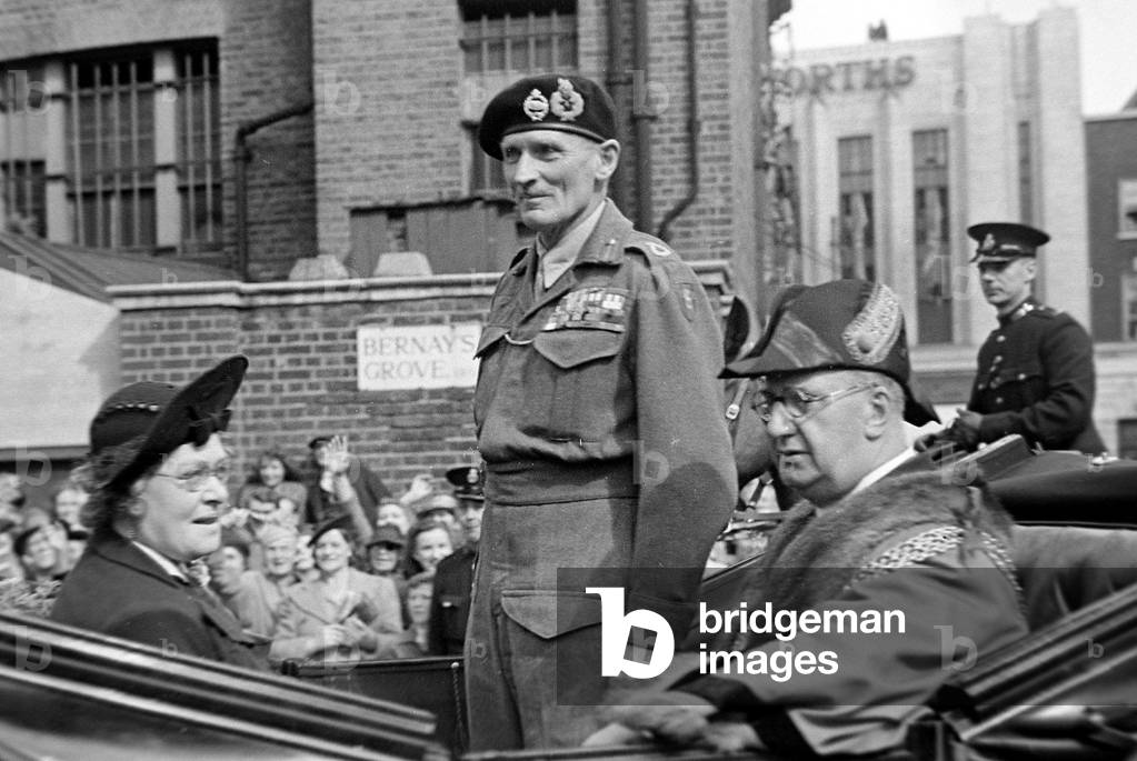 General Bernard Montgomery on his way to Lambeth after World War Two, August 1945 (b/w photo)