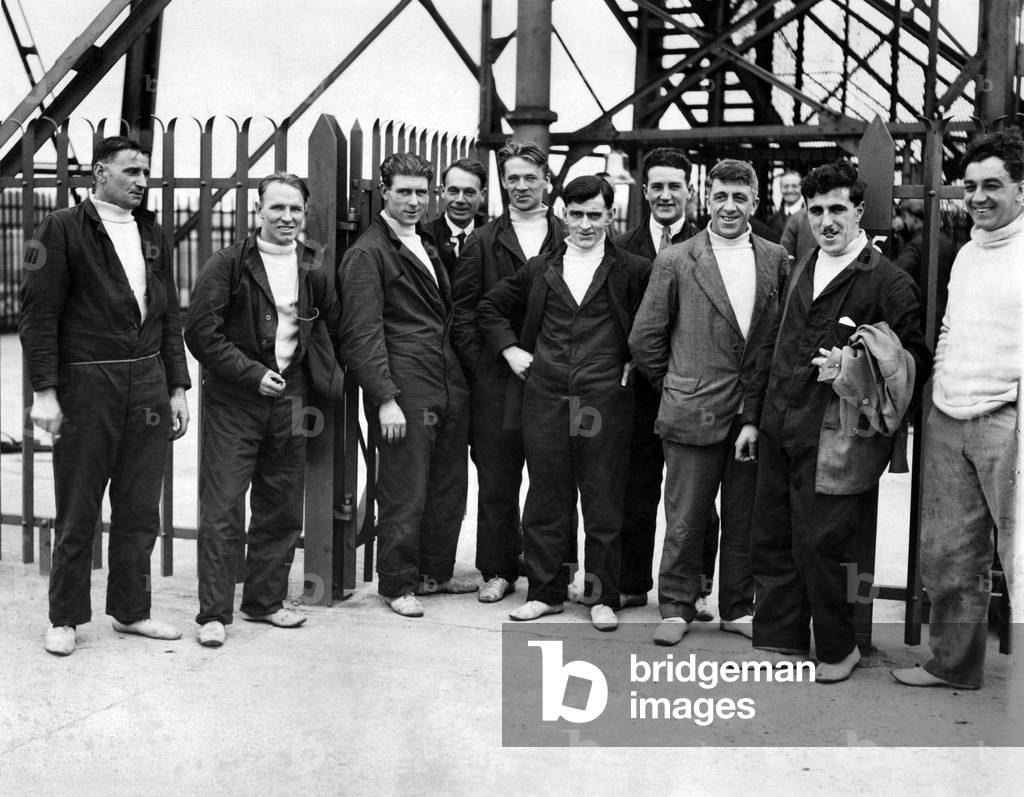 Crew of the Airship R101 seen here in front of the moving tower at the Royal Airship Works Cardington Bedfordshire. October 1929
