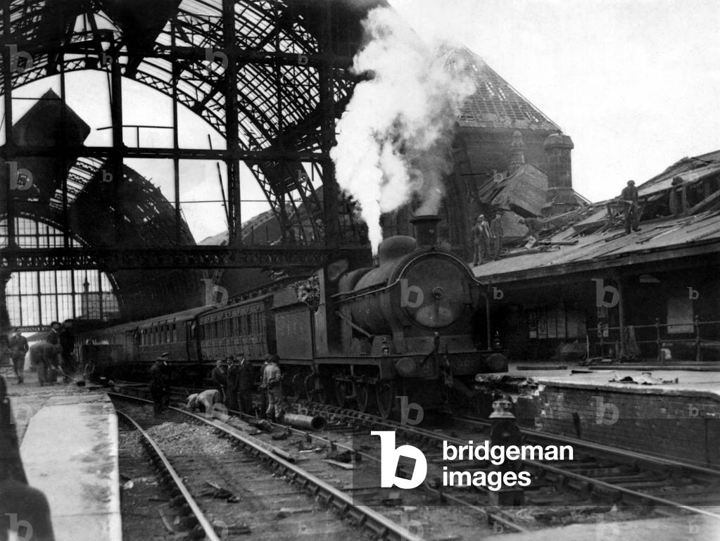 Second World War - The ruins after a German air raid on a North East of England town. Pictured is Middlesbrough Railway Station five minutes after bombing, at about 1pm, on the 3rd August, 1942 (b/w photo)