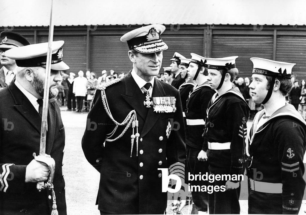 Prince Philip, Duke of Edinburgh, inspecting the Royal Guard of Sea Cadets at the Knightsbridge TAVR Drill Hall, 08/11/1974