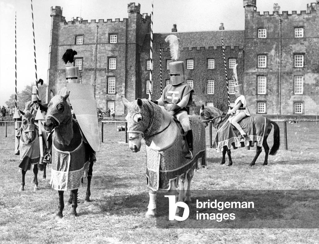 Some of the Knights taking part in a jousting competition at Lumley Castle, Chester-Le-Street in May 1972 (b/w photo)