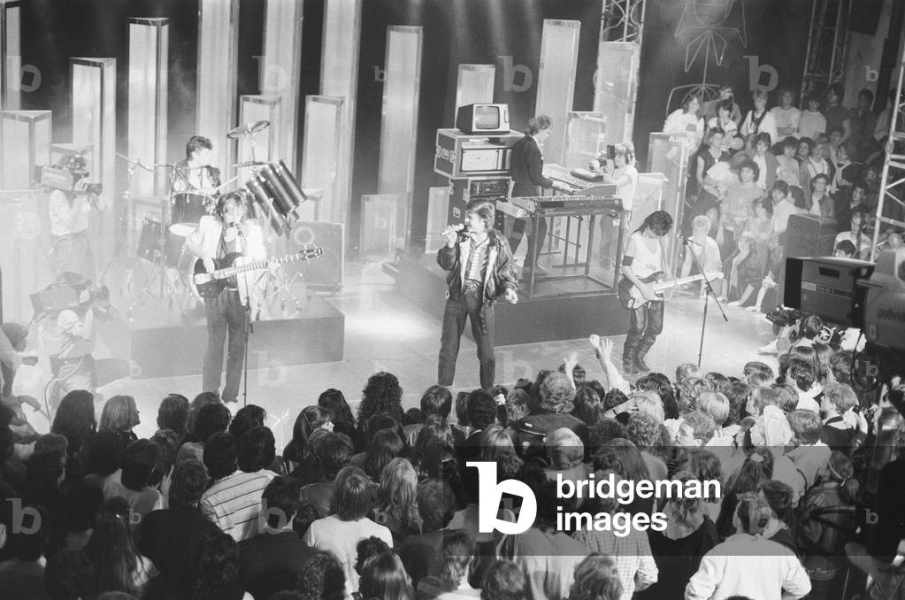 Duran Duran performing on stage at the Montreux Golden Rose Pop Festival, Montreux, Switzerland, 11th May 1984 (b/w photo)