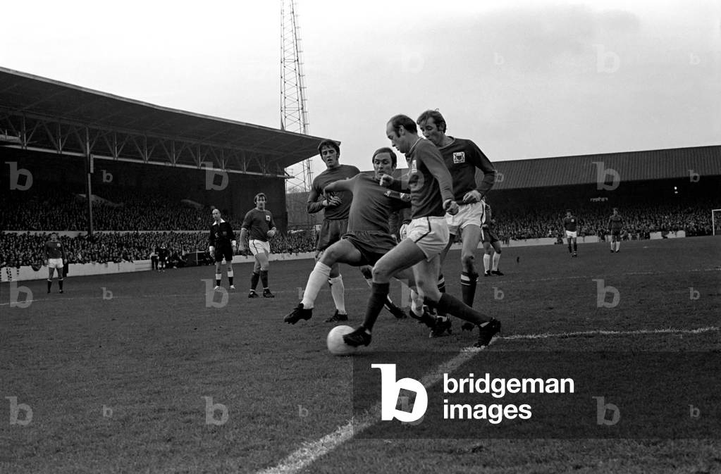 English League Division One matchNottingham Forest 1 v Chelsea 1. John Hollins of Chelsea and Ian Storey-Moore of Forest dual for the ball on the line. November 1969 (photo)