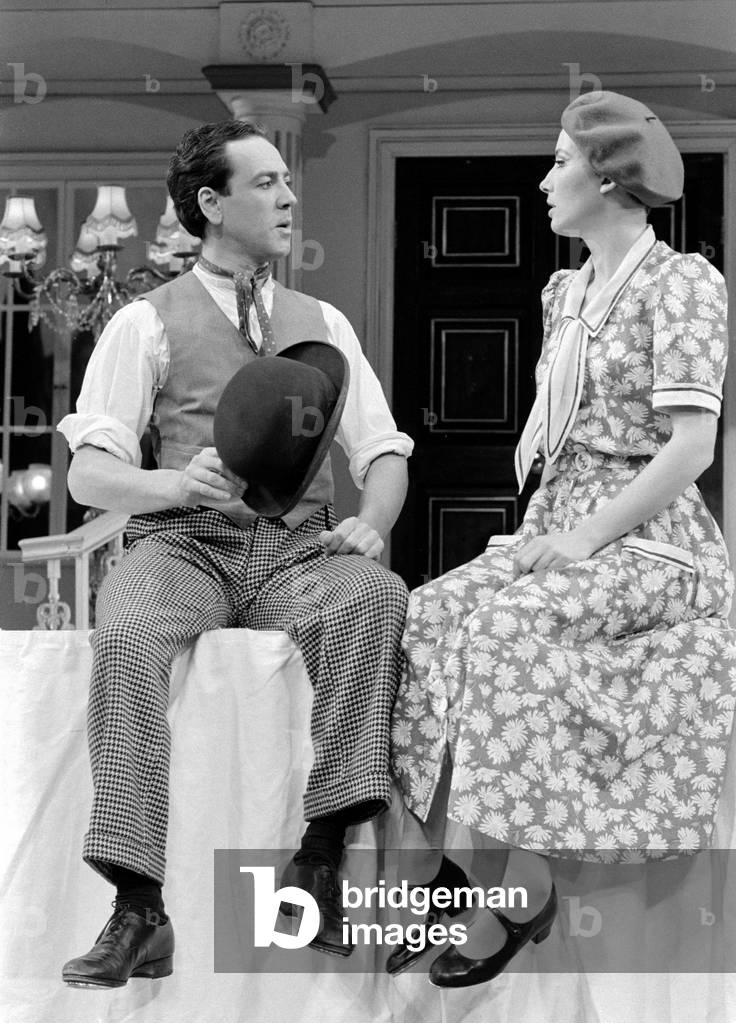 Actors Robert Lindsay as Bill Snibson & Emma Thompson as Sally Smith starring in the stage musical Me and My Girl at the Adelphi Theatre in London February 1985 (b/w photo)