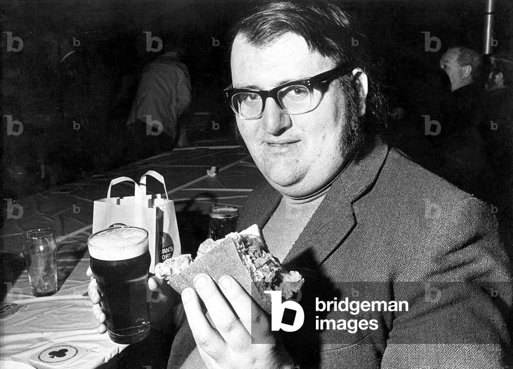 Peter Crichton of Sunderland pictured about to tuck in to a steak stottie at The Tyneside Beer Festival at Gosforth, 22nd April 1973 (b/w photo)