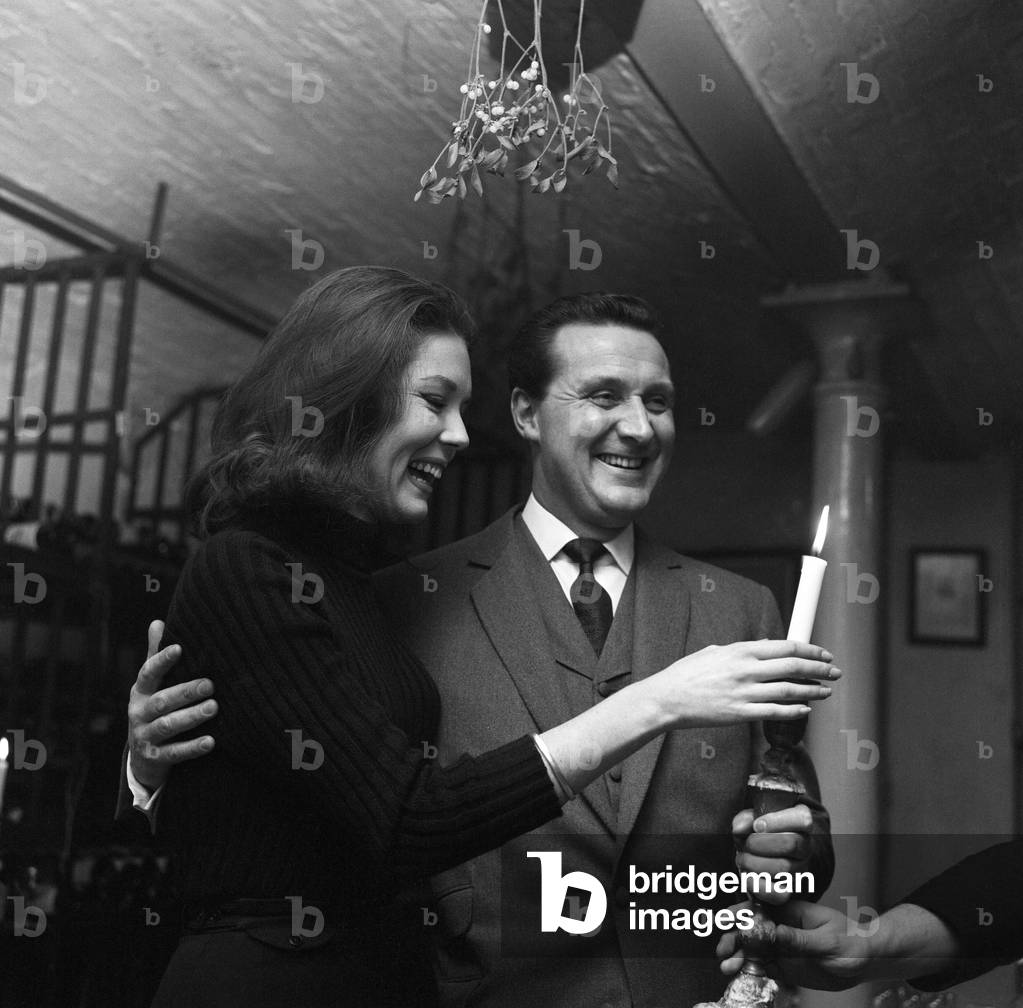 Actress Diana Rigg, 26, the new heroine of the television series 'The Avengers' today met her leading man, Patrick Macnee, at the Cheshire Cheese in Fleet Street. 14th December 1964.