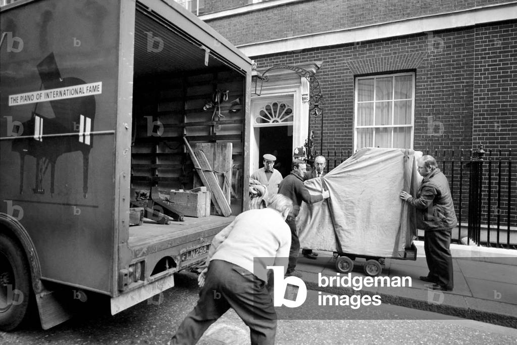 Mr. Edward Heath's baby grand piano is removed from No.10 Downing Street. After Mr. Heath and the Conservative party lost the General Election to Labour. March 1974