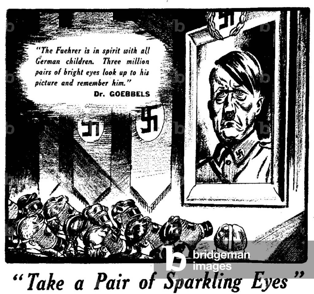 Take a Pair of Sparkling Eyes. The Fuehrer is in spirit with all the German children. Three million pairs of bright eyes look up to his picture and remember him, Dr Goebbels 28th September 1939 (b/w photo)