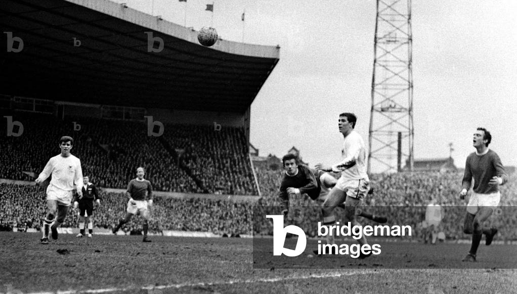 Manchester United on the attack with a flying header during their league match against Nottingham Forest at Old TraffordMarch 1968 (photo)