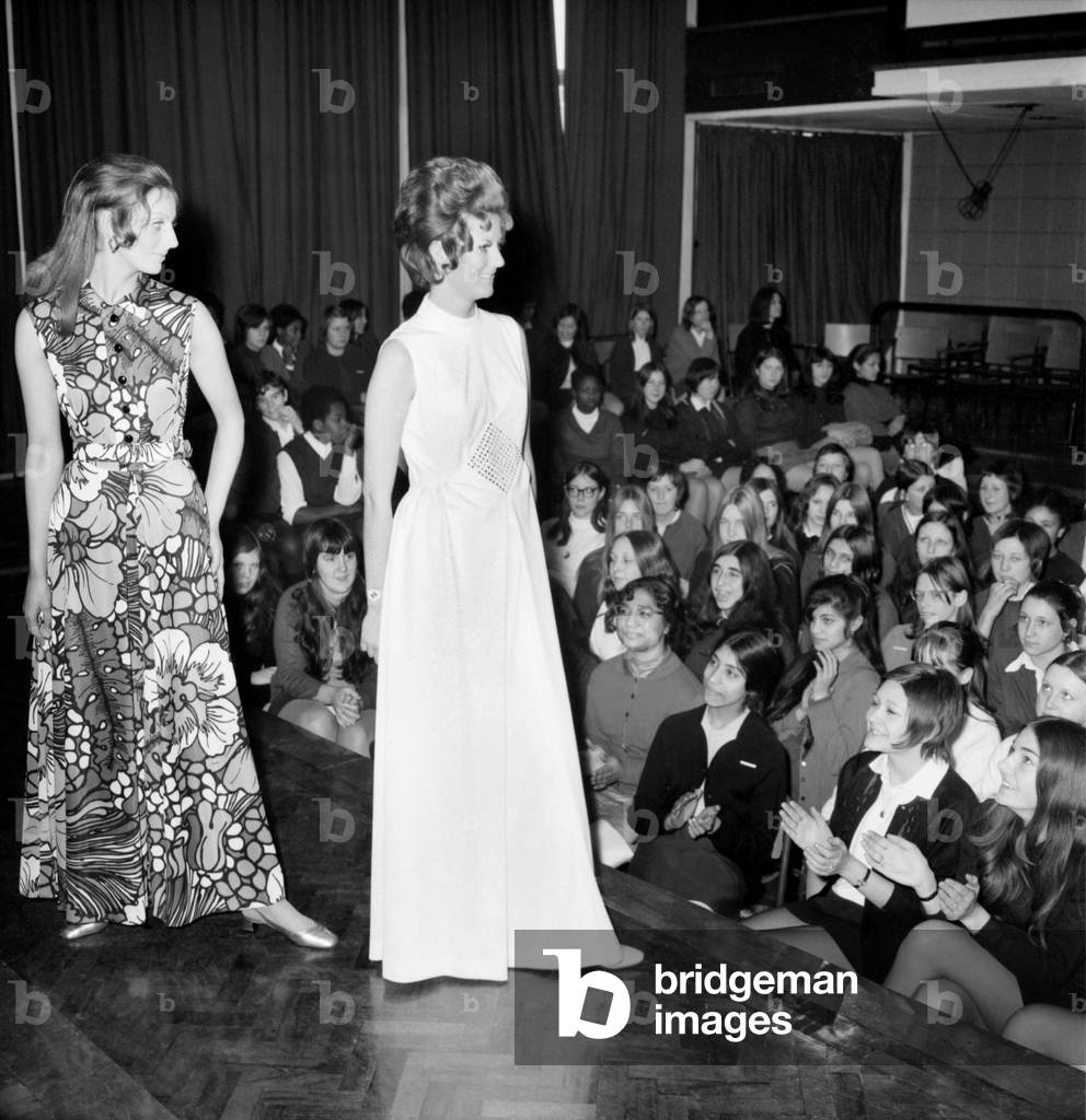 Fashion Clothing. Today, girls in Tower Hamlets schools saw their own fashion show at Tower Hamlets school in Richard Street, E. 1. The show was presented by a well-known fashion house, Carnegie Models, Ltd., and arranged by the local ILEA careers office as part of an extensive programme of talks. The fashon show in progress. December 1969