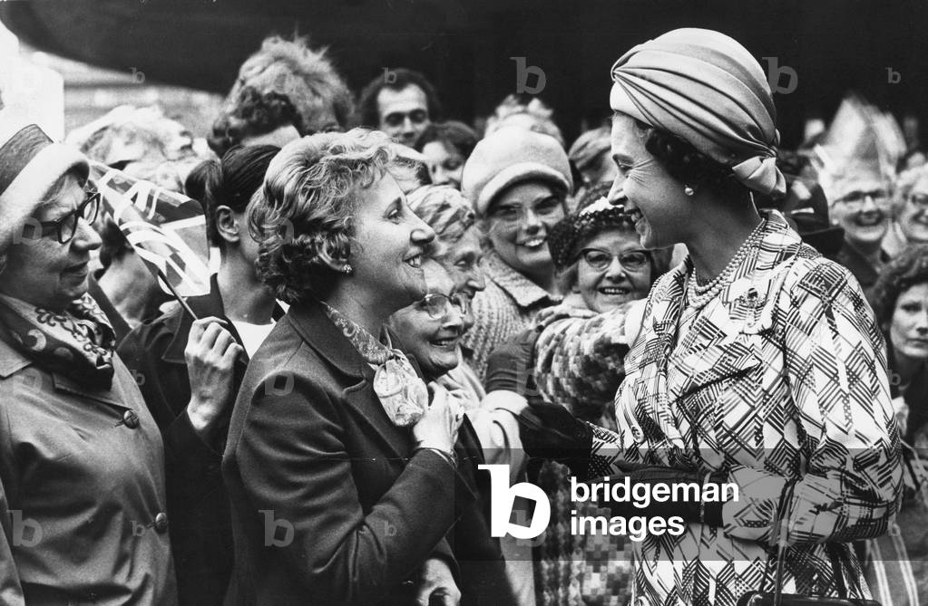 Queen Elizabeth II chatting to Geordie housewives during her visit to Newcastle, 1st July 1974