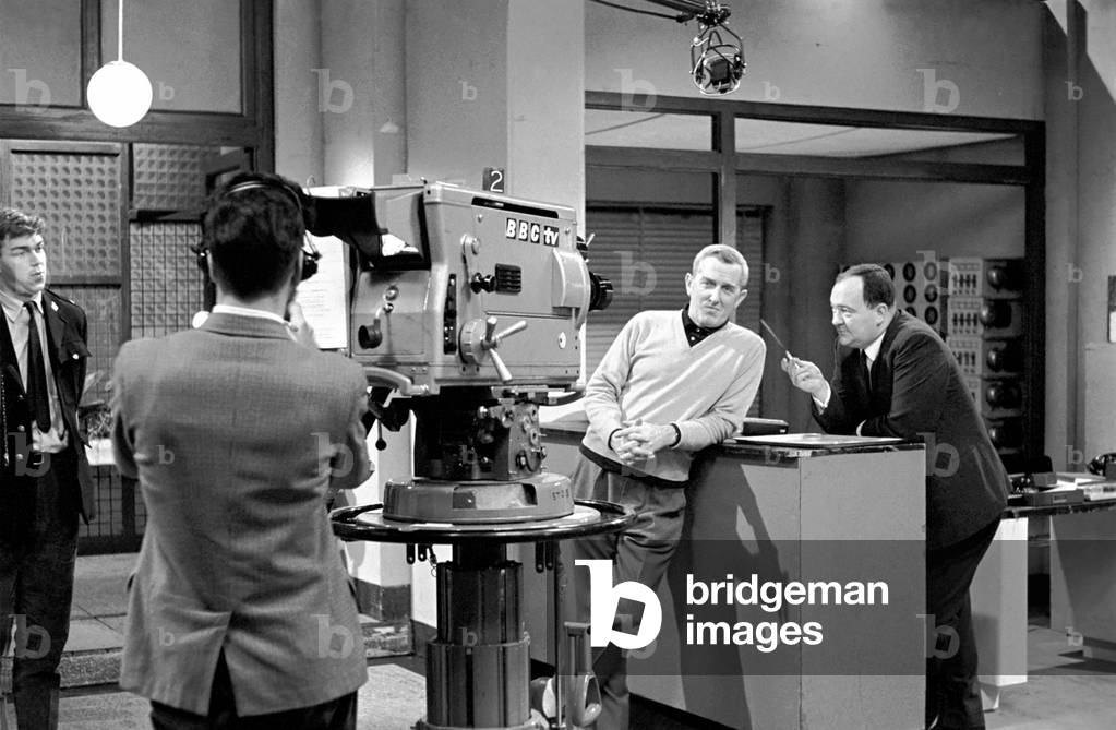 Cast and crew of Z-Cars TV programme seen here recording an episode of the show in the studio, 1966 (b/w photo)