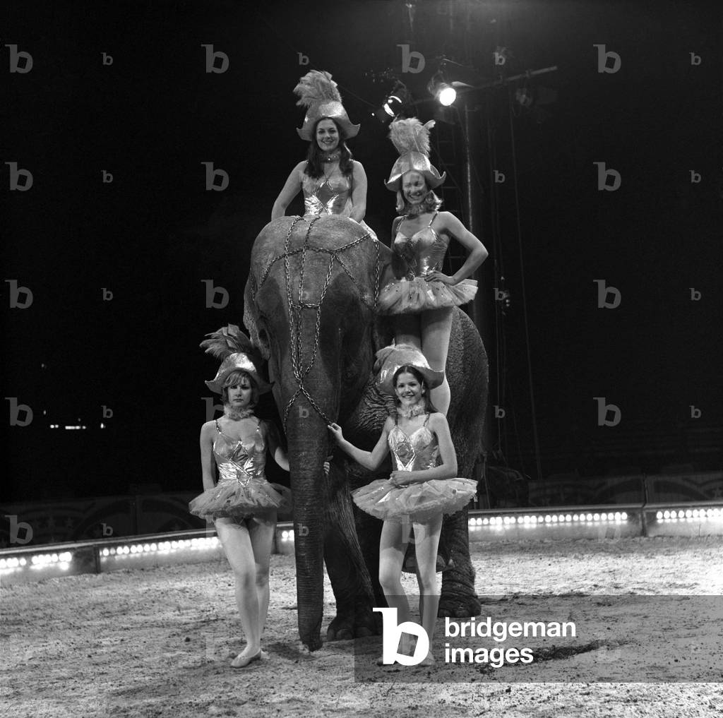 Travel by Jumbo Is the motto of the four Smart Sisters who are busy training for the Christmas Day Circus show which is being produced by their father David Smart at the Circus Winter quarters in Winkfield Berkshire, November 1975