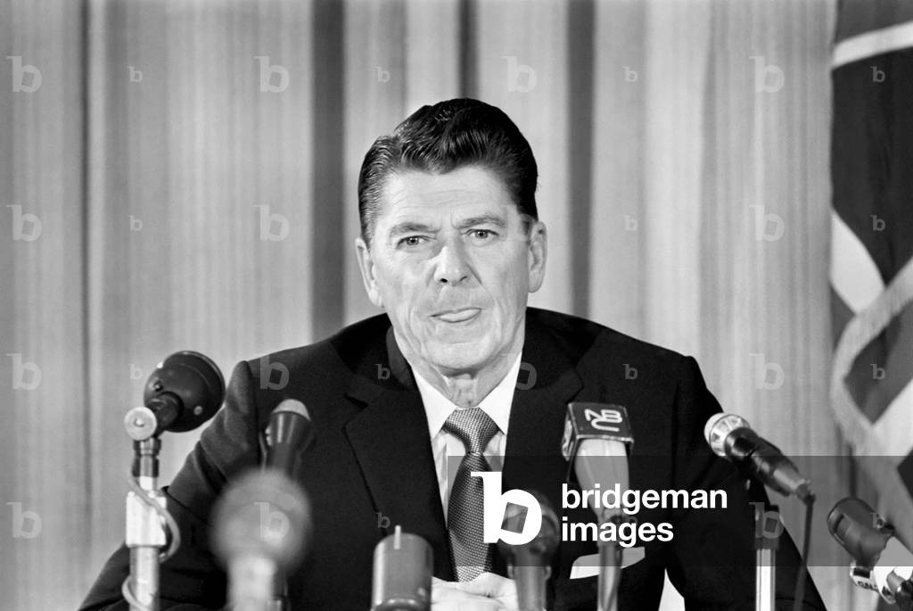 Ronald Reagan Governor of California, holds a press conference in the American Embassy. 
November 1969