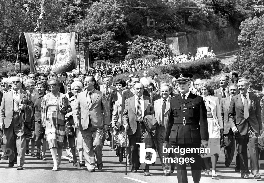 Bedlington Miners Picnic - Tony Benn (right) and Judith Hart amongst the marchers at the 101st miners picnic at Bedlington, c. 1970
