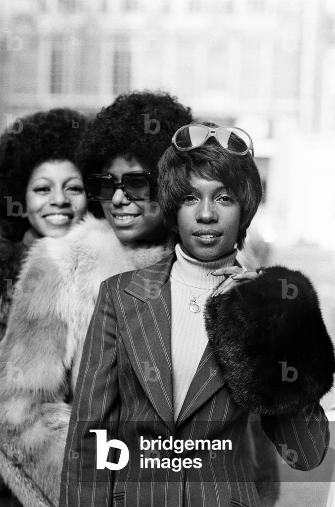 The Supremes, left to right, Lynda Lawrence, Jean Terrell and Mary Wilson, outside the Mayfair Hotel. 11th March 1973 (b/w photo)