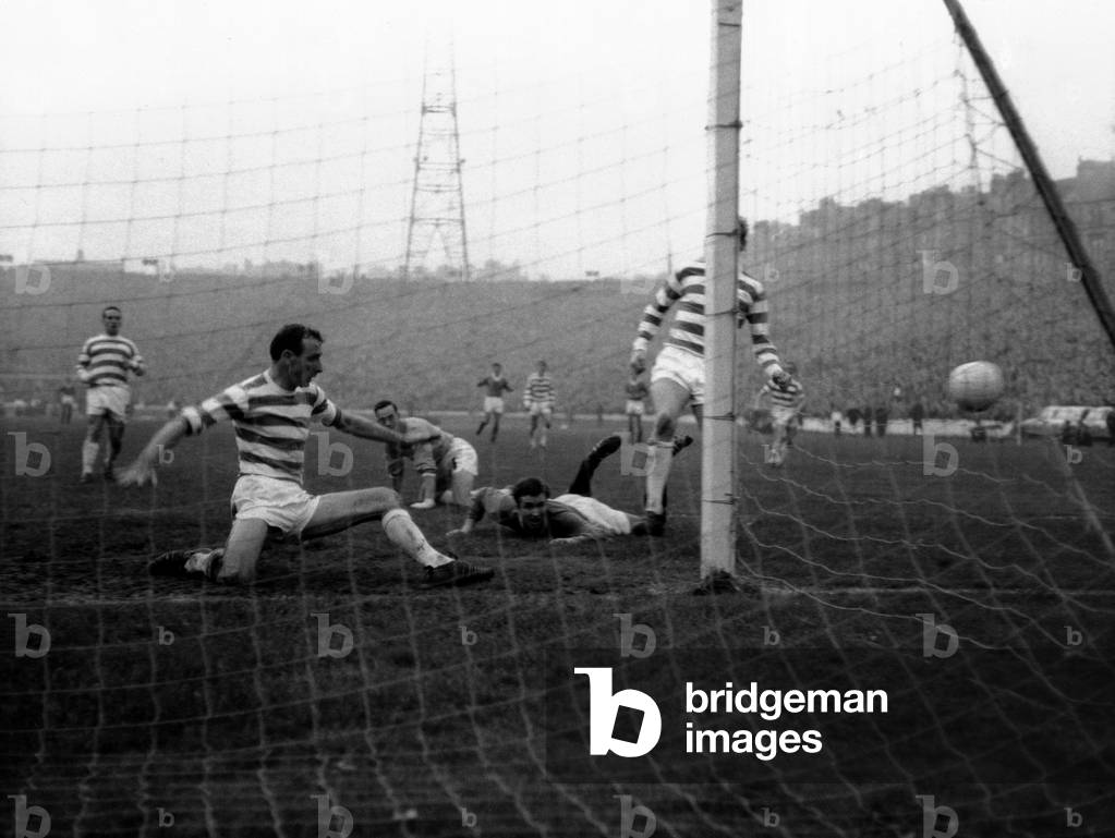 Celtic 1-0 Rangers, Scottish League Cup Final, Hampden Park, Glasgow, Scotland, Saturday 29th October 1966. Celtic left back Willie O'Neil clears an Alex Smith shot from the goal line (photo)