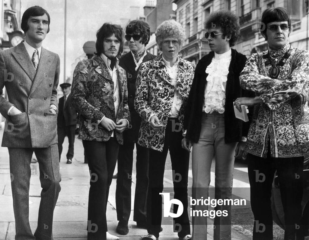 Pop group 'The Move' at the High Court for the injunction brought about by Mr Harold Wilson. Libel action was taken by Harold Wilson after a postcard was published, promoting the group's new record Flowers in the Rain. It featured a caricature of the Labour Prime Minister in the nude. 6th September 1967 (b/w photo)