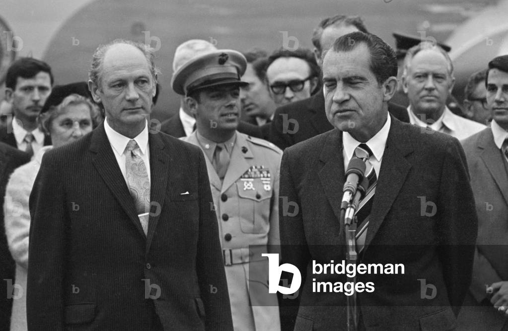 Irish premier Jack Lynch makes a welcome speech to American President Richard Nixon after his arrival at Shannon Airport for his three day tour of the Republic of Ireland, 3rd October 1970 (b/w photo)