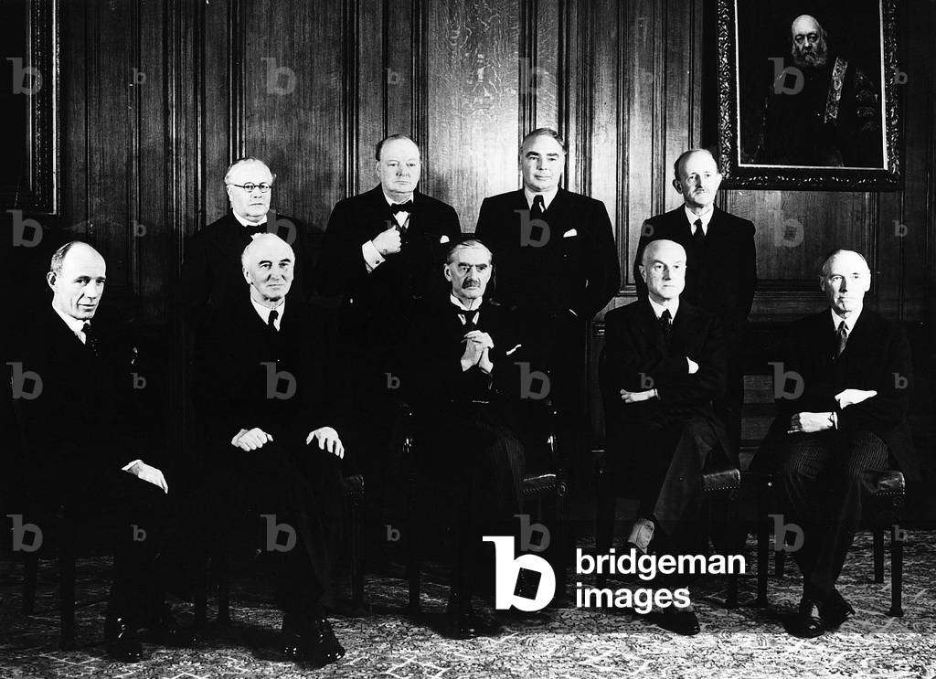 Neville Chamberlain, Kingskey Wood and Winston Churchill, 1939 (b/w photo)