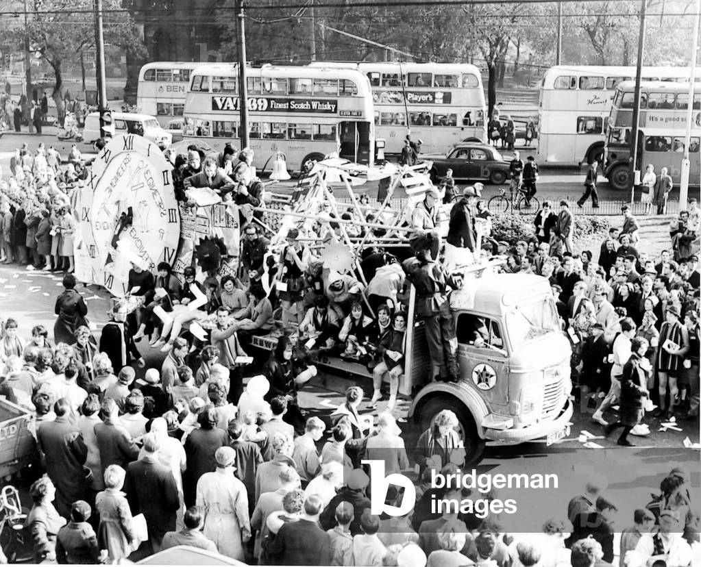 Engineering students show off their winning float during rag week, 1961 (b/w photo)