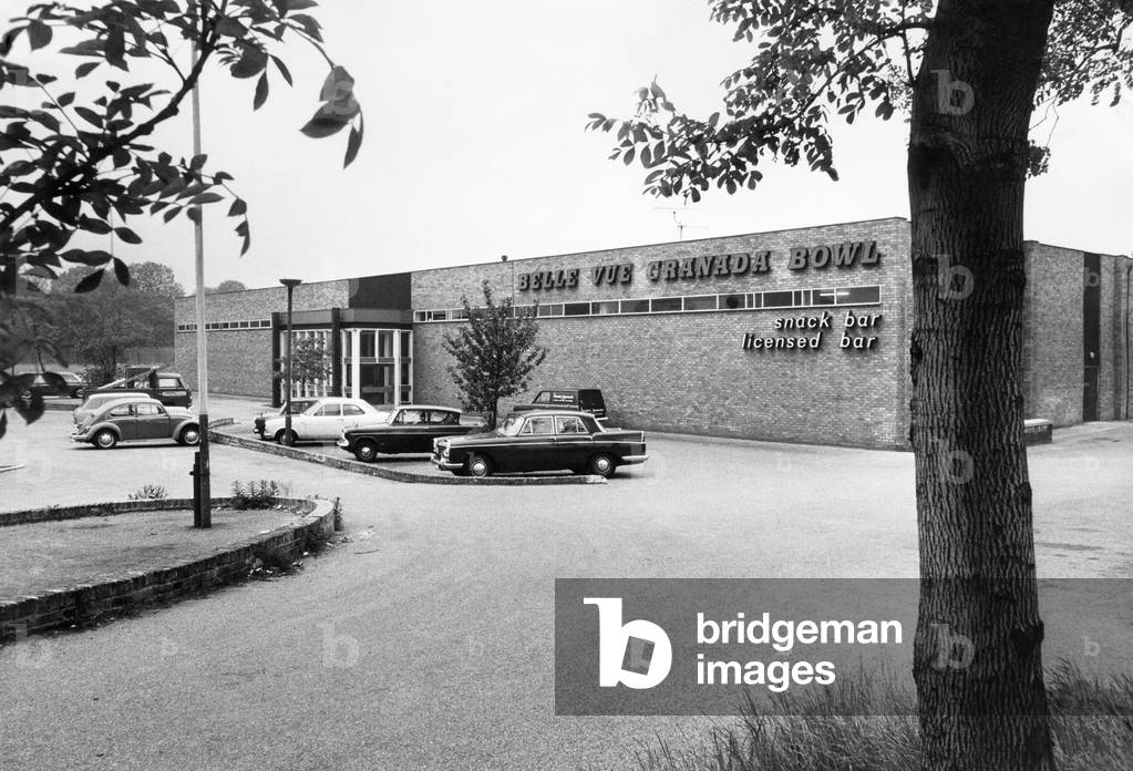 Exterior view of Belle Vue Granada bowl, Greater Manchester. 7th June 1971 (b/w photo)